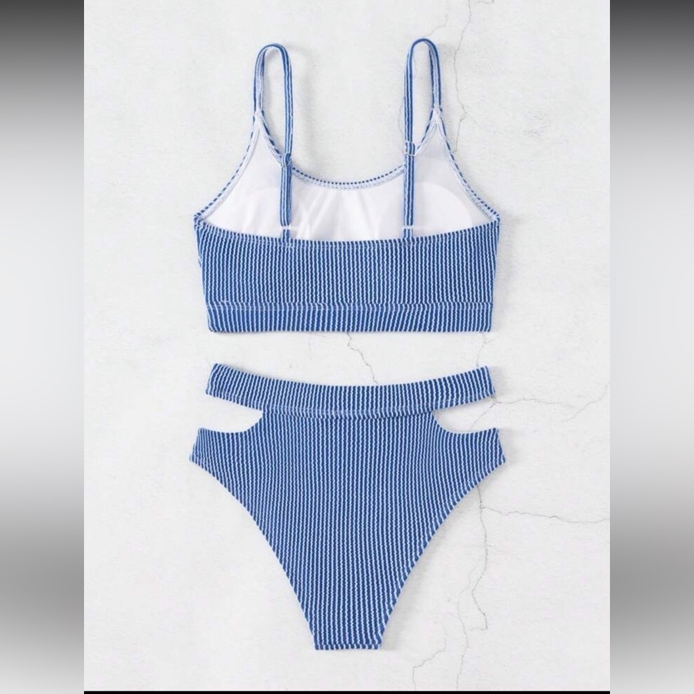 NWT SHEIN Ribbed Blue & White Cutout High-Waist Bikini Set - Size Medium - Picture 4 of 8